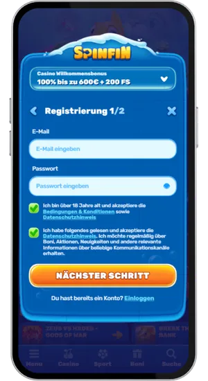 Registrierungsformular im Sugar Rush Casino