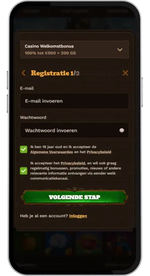 Registratieformulier bij Sugar Rush casino
